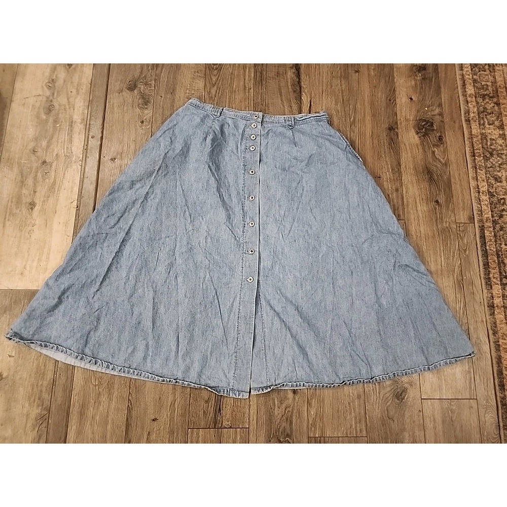 Y2k Button down Denim Tiered Maxi Skirt L JG Hook Jean Boho Festival Hippie 90's